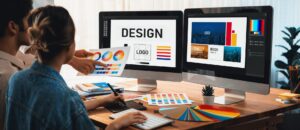 Two designers reviewing color palettes and logo layouts on dual monitors