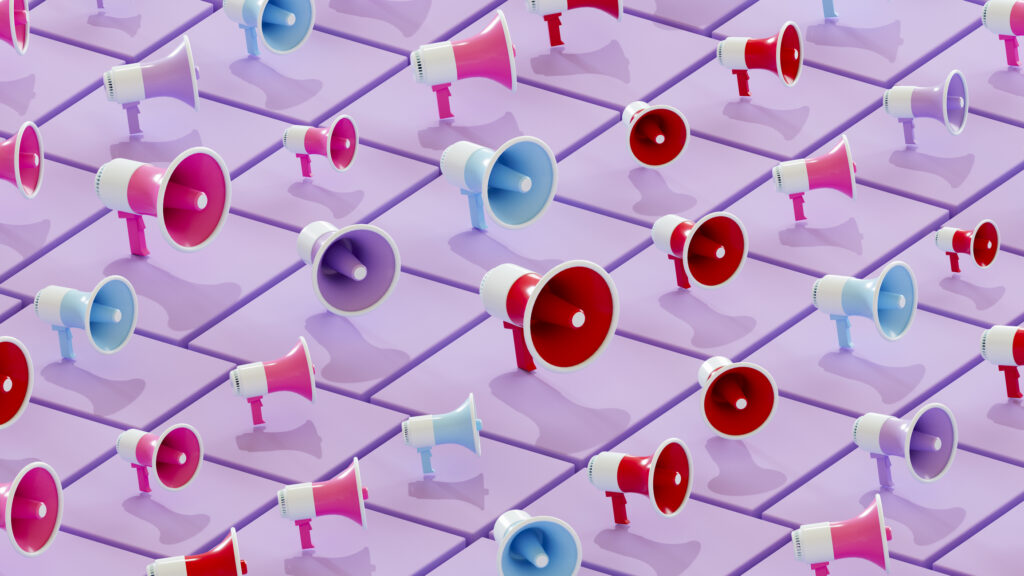 A grid of identical 3D megaphones in pink, red, blue and purple, illustrating how similar PR firm pitches can sound