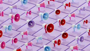 A grid of identical 3D megaphones in pink, red, blue and purple, illustrating how similar PR firm pitches can sound